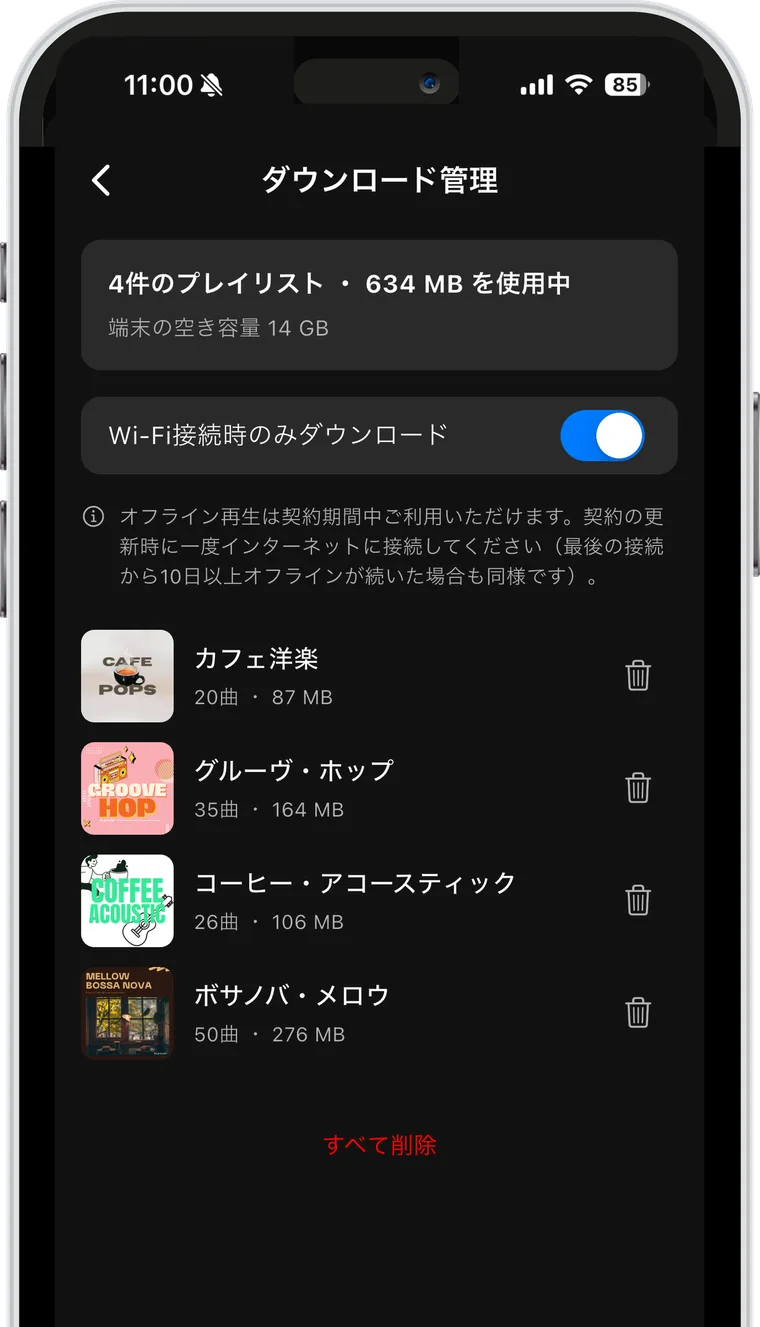 ダウンロード管理画面（使用容量とWi-Fi接続時のみダウンロードの設定）