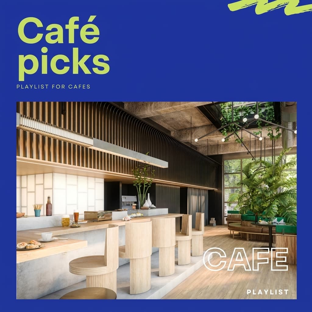 BGM Pro "Café Curated" (PLAYLIST FOR CAFE) playlist cover. A modern café interior with bright wood-grain finishes.