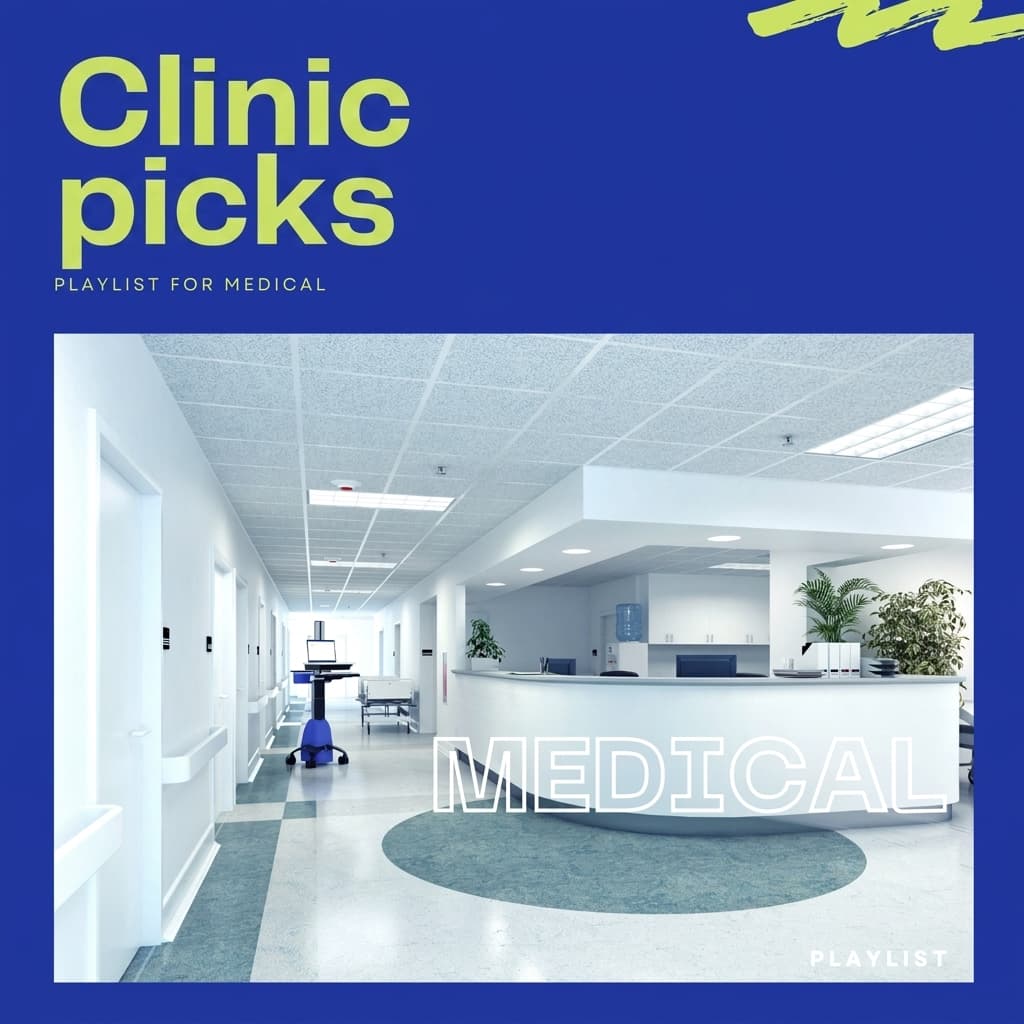 BGM Pro "Medical & Wellness Curated" (PLAYLIST FOR MEDICAL) playlist cover. A clean medical facility space resembling a clinic or reception area.
