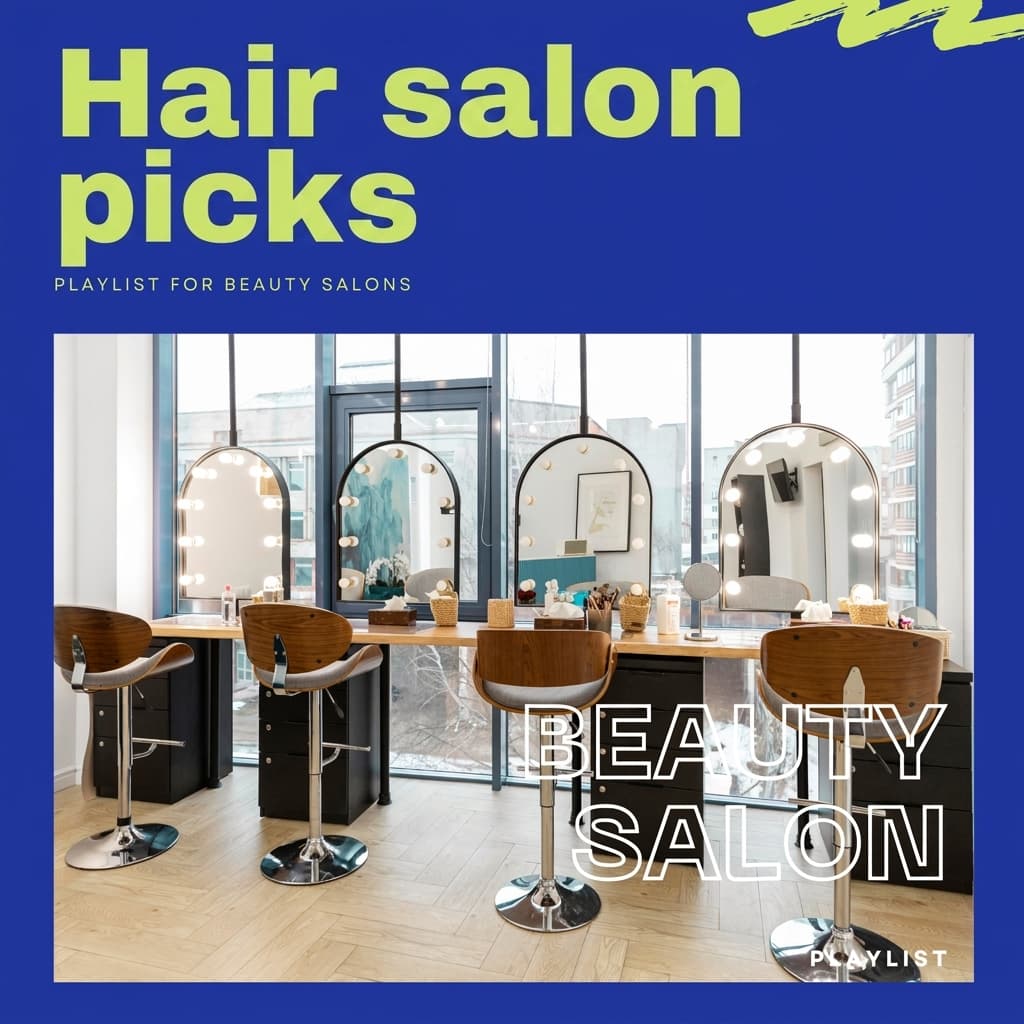 BGM Pro "Hair Salon Curated" (PLAYLIST FOR BEAUTY SALONS) playlist cover. A hair salon interior with mirrors and styling stations.