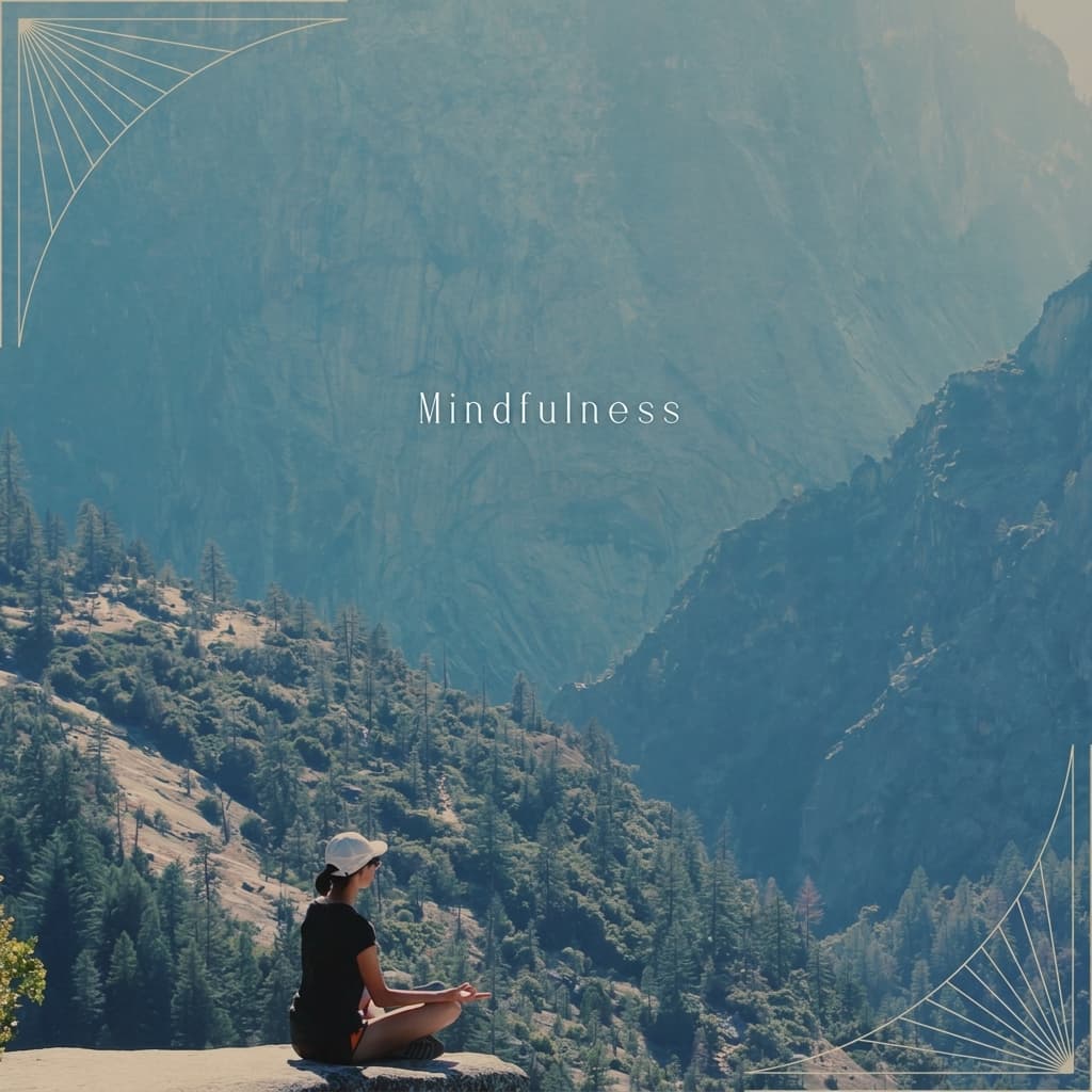 BGM Pro "Mindfulness" playlist cover. Silhouette of a person meditating on rocks overlooking mountains and a lake.