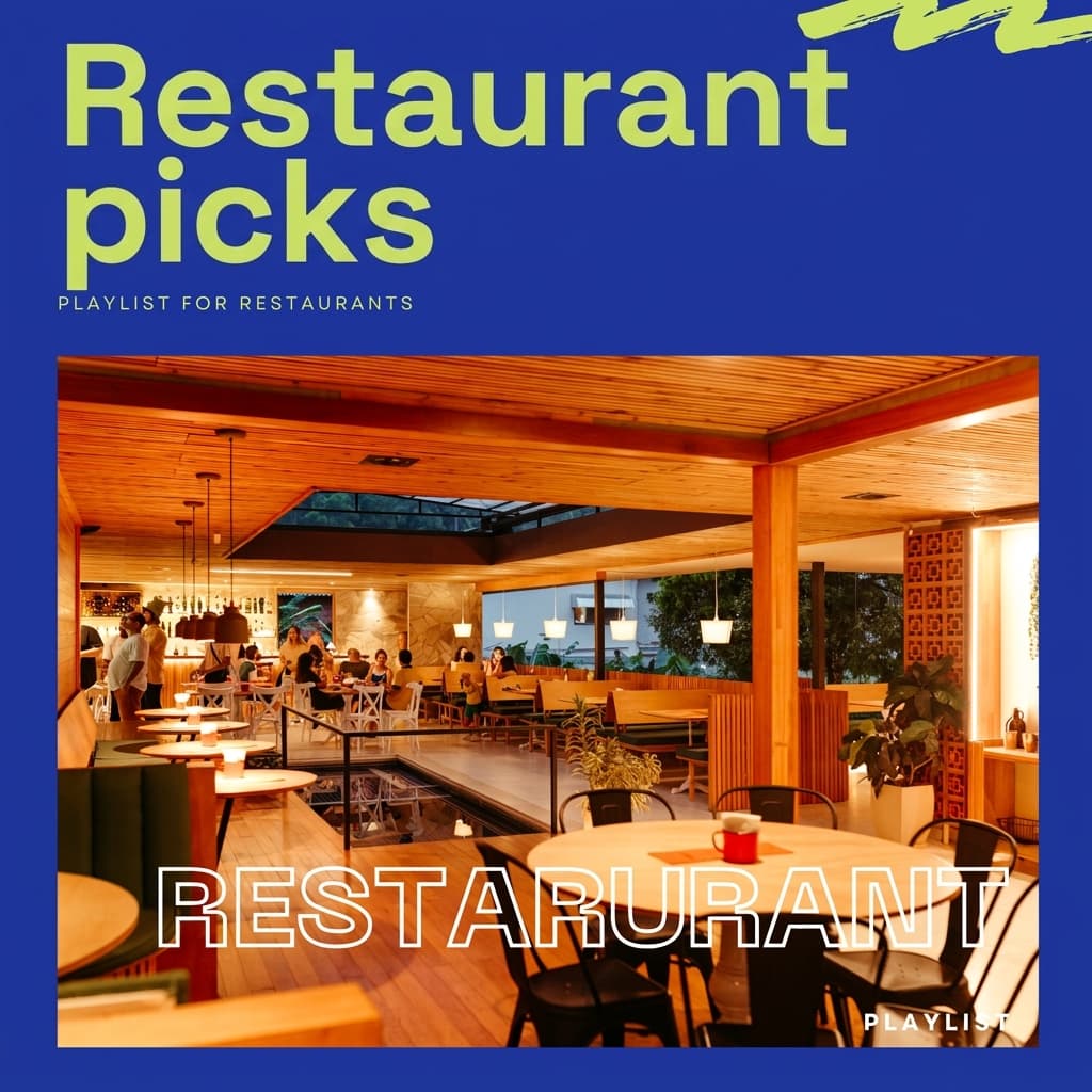 BGM Pro "Restaurant Curated" (PLAYLIST FOR RESTAURANTS) playlist cover. A restaurant interior with warm lighting.