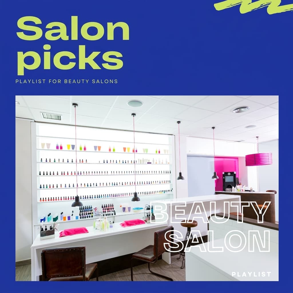 BGM Pro "Beauty Salon Curated" (PLAYLIST FOR BEAUTY SALONS) playlist cover. A nail/beauty salon with a white treatment space and a colorful shelf of bottles.