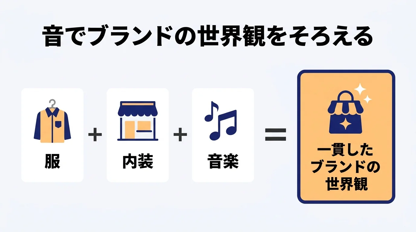 服・内装・音楽をそろえて一貫したブランドの世界観をつくる