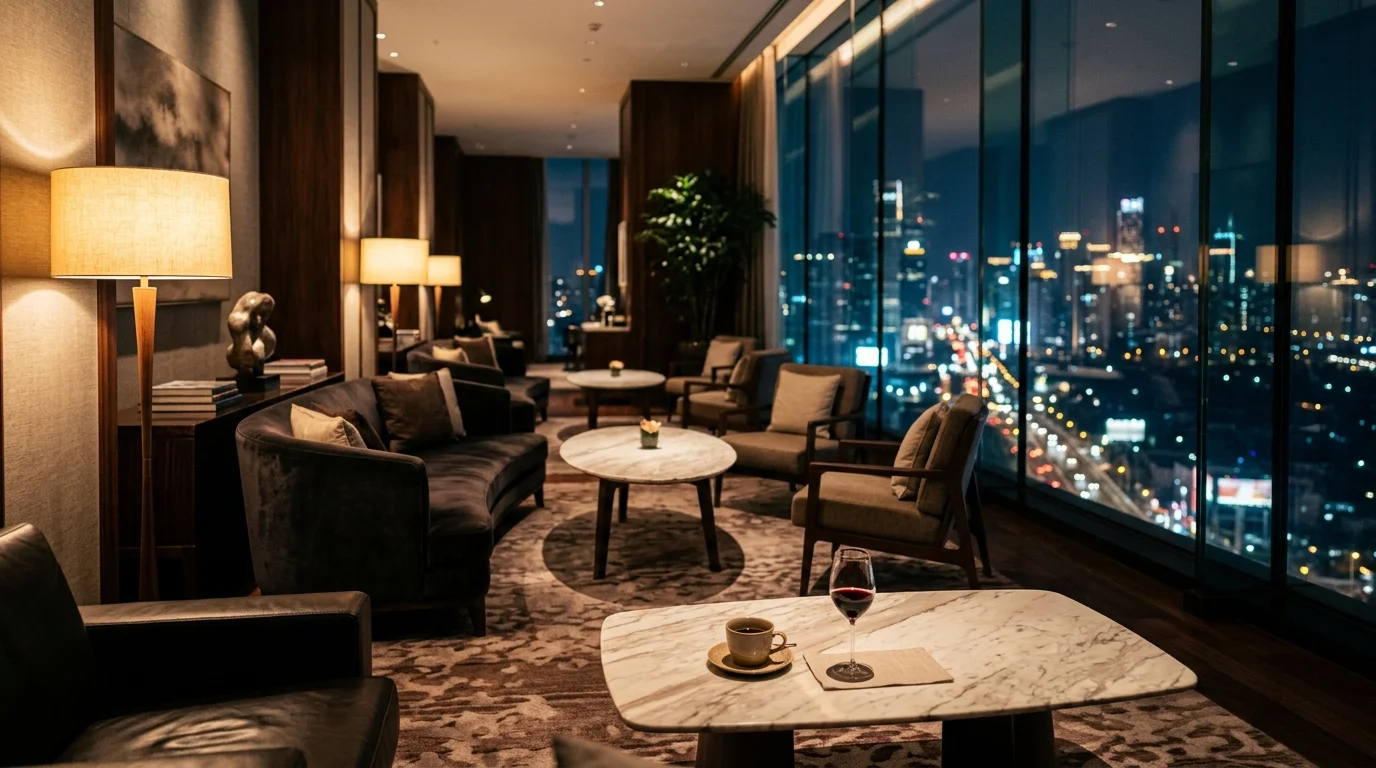 ホテルラウンジの店内（ソファ席と夜景）