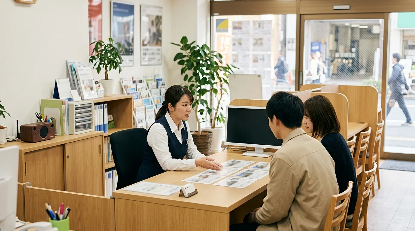 不動産仲介店舗の商談カウンターでお客様に物件を説明する様子