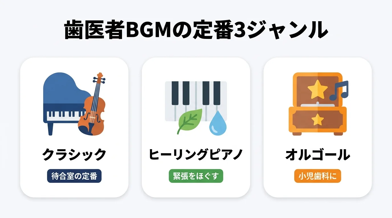 歯医者BGMの定番3ジャンル（クラシック・ヒーリングピアノ・オルゴール）