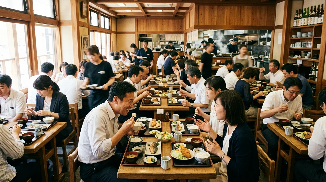 ランチタイムの賑わう飲食店で活気のあるBGMが流れる様子