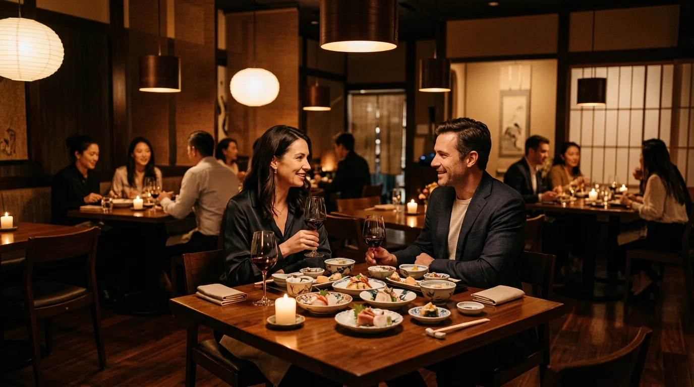 ディナータイムの落ち着いた高級レストラン内観・ワインとキャンドル