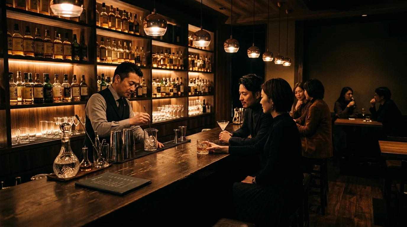 深夜のバーカウンターでウイスキーやカクテルを楽しむ落ち着いた雰囲気