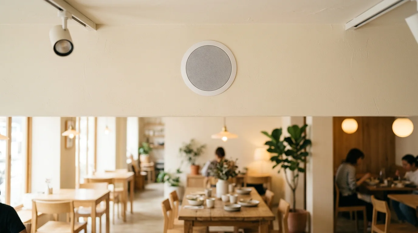 天井埋込型のスピーカーを飲食店の客席エリアに分散配置した例