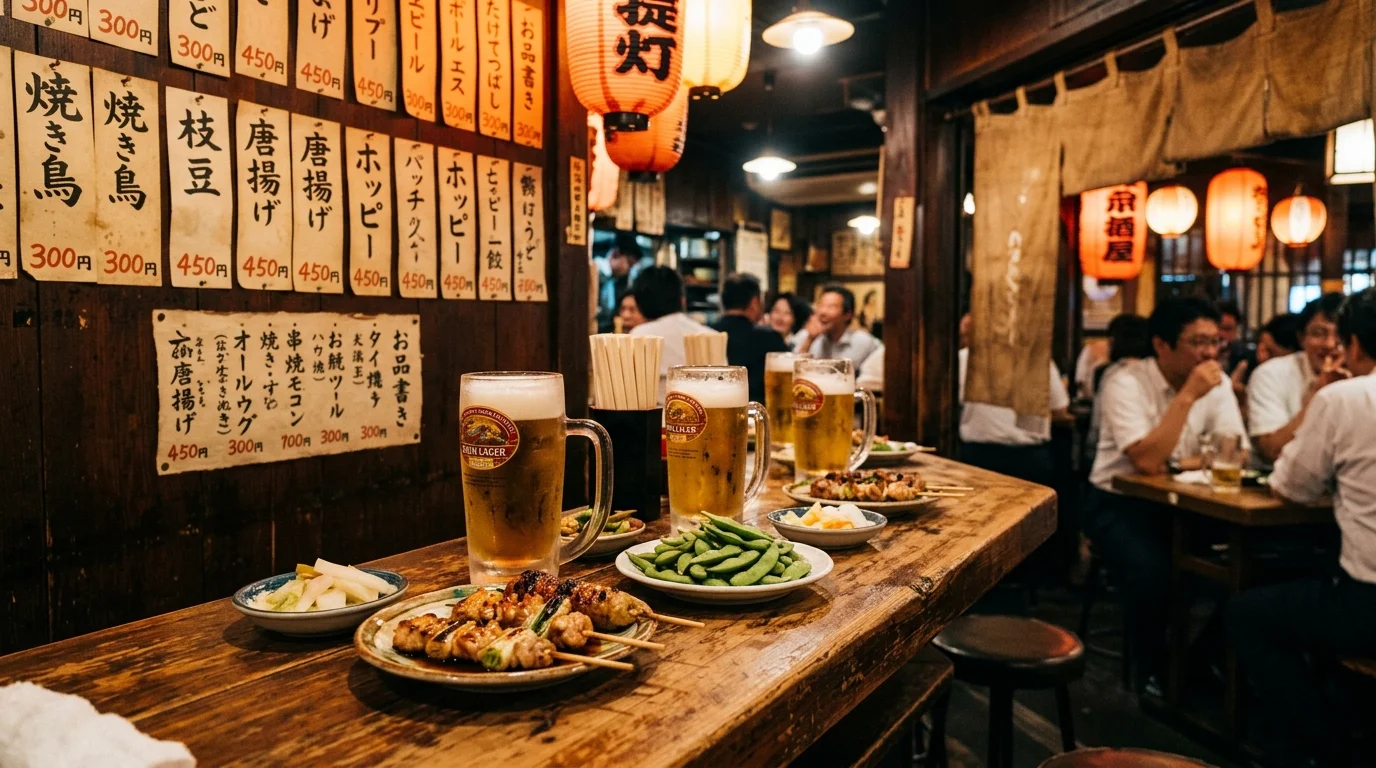 昭和レトロな大衆居酒屋のカウンター席に並ぶ中ジョッキビールと焼き鳥・枝豆・赤提灯の温かい雰囲気