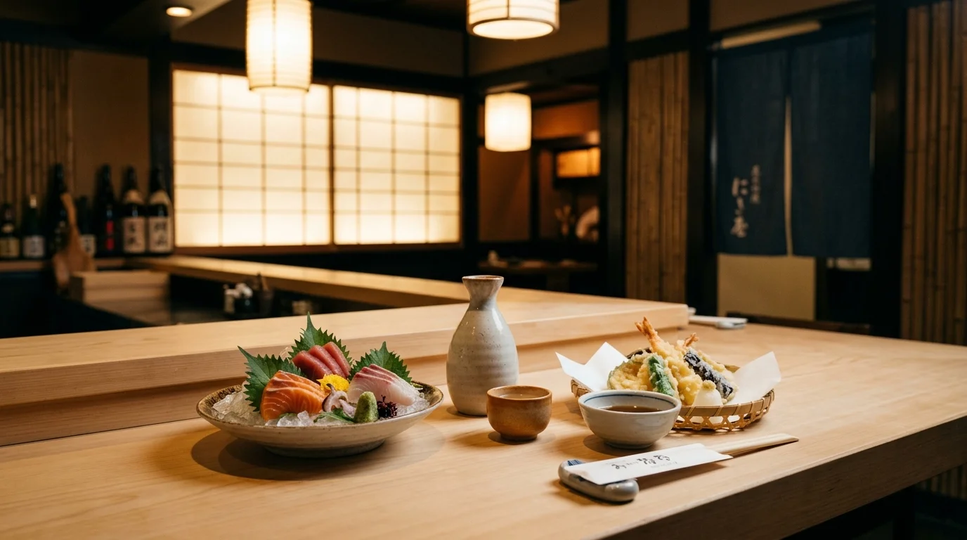 上質な和食居酒屋のカウンター席に置かれた刺身・徳利・お猪口・天ぷらと障子の和風空間