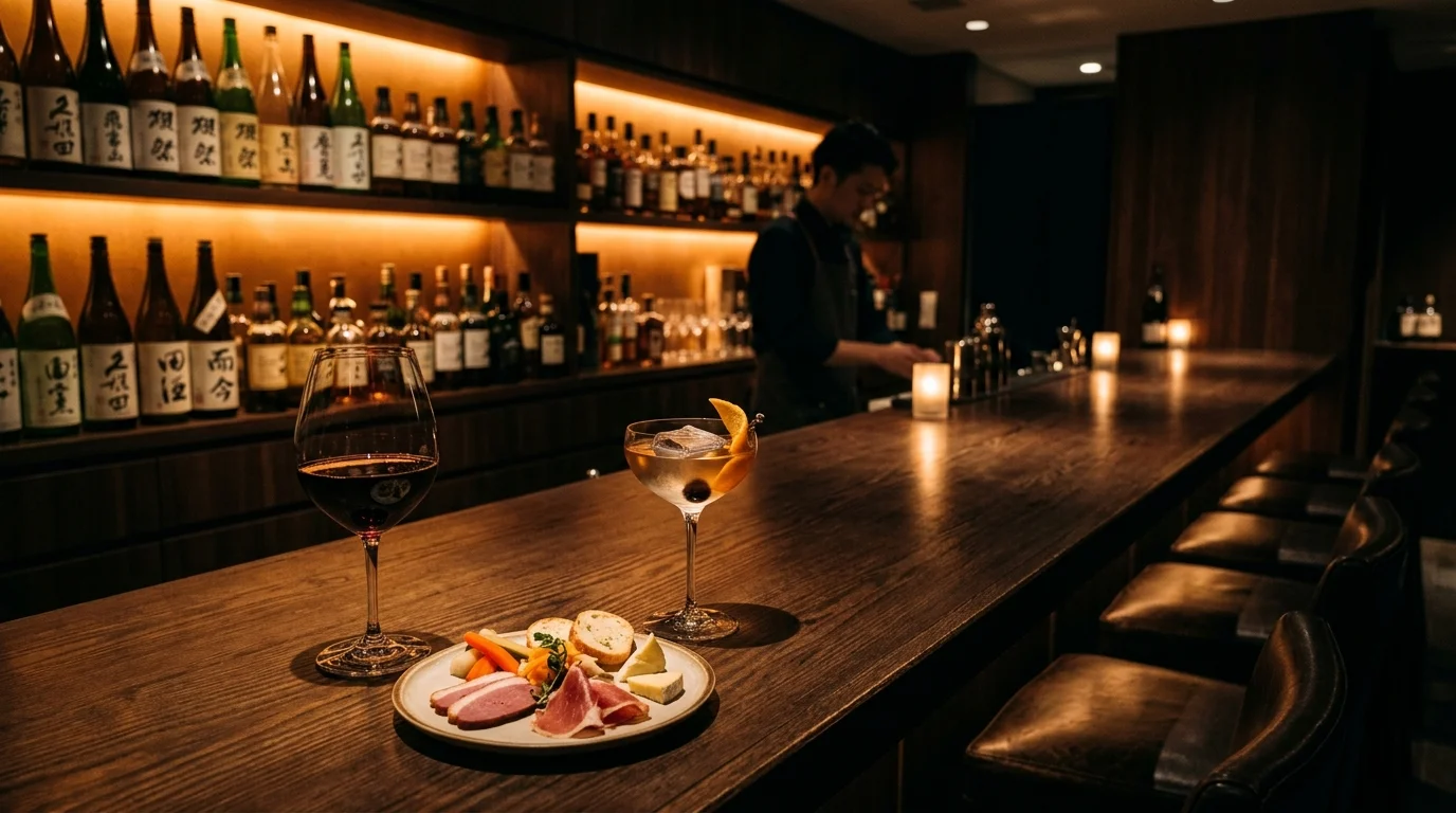 大人のダイニングバーのカウンター席に置かれたワイングラス・カクテル・前菜と暖色の間接照明