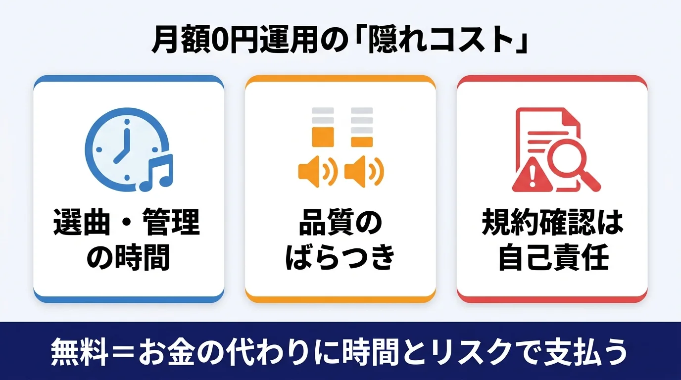 無料BGM運用の隠れコスト｜選曲・管理の時間、品質のばらつき、ライセンス確認リスク