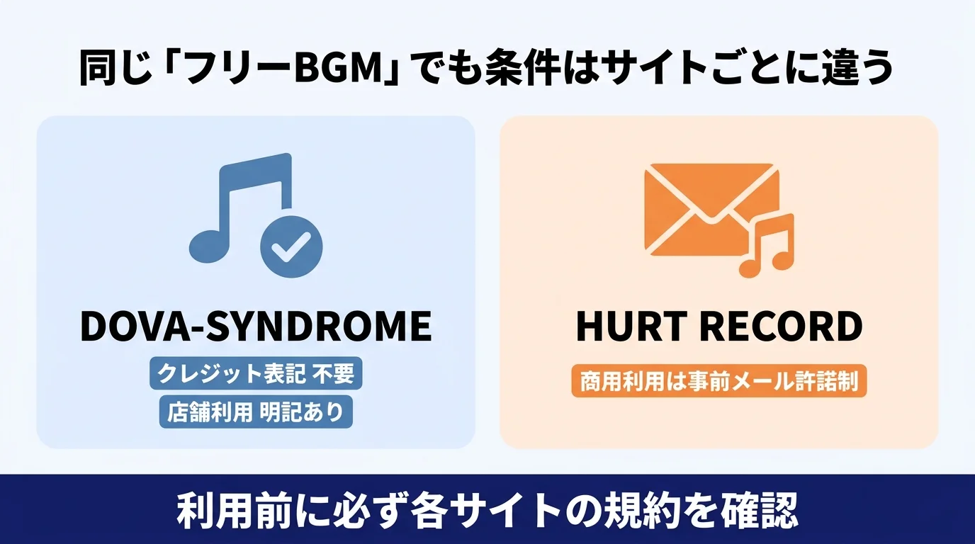 著作権フリー音源サイトの利用条件比較｜DOVA-SYNDROMEはクレジット不要・HURT RECORDは商用利用が事前メール許諾制