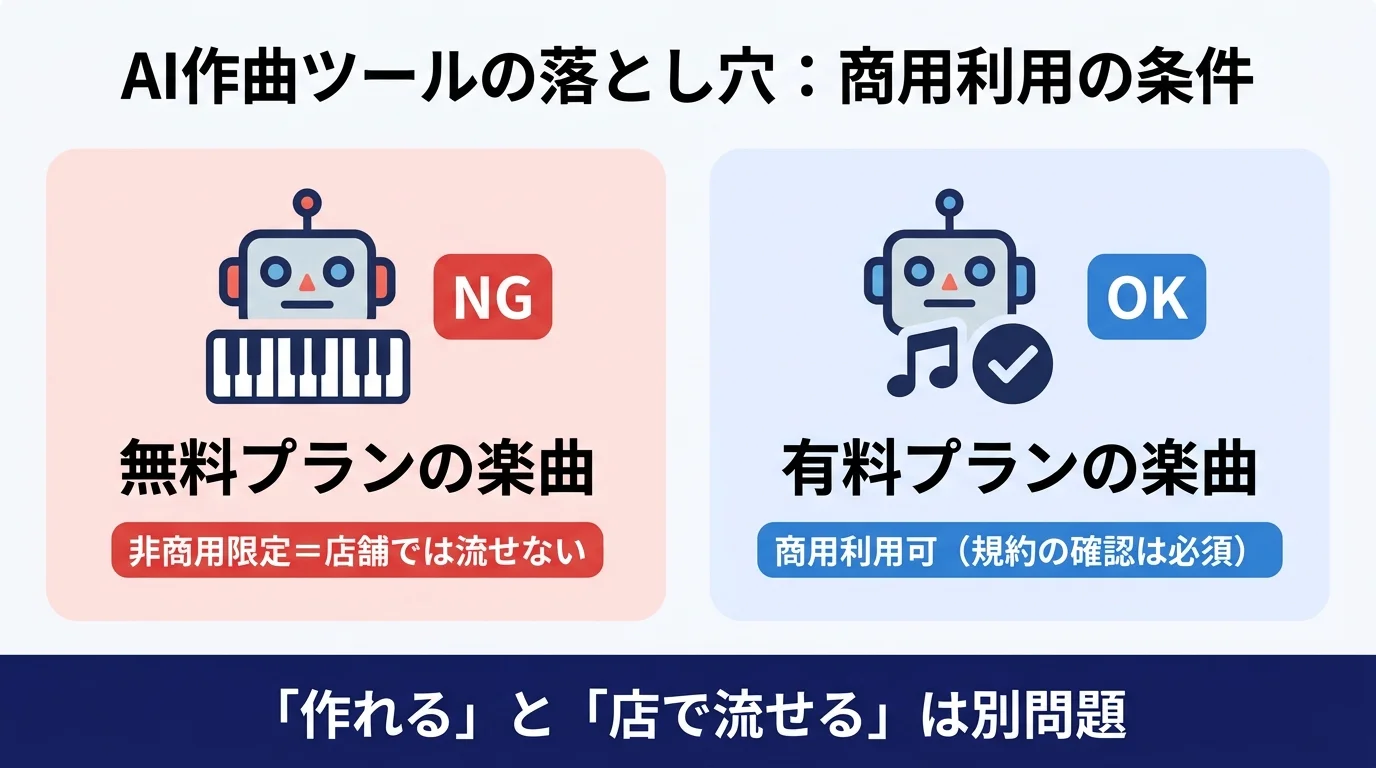 AI作曲ツールの商用利用条件｜無料プランの楽曲は非商用限定で店舗BGMには使えない