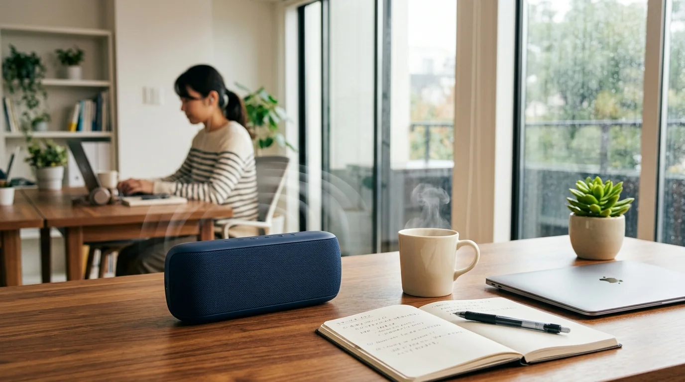 BluetoothスピーカーでBGMを流すデスク