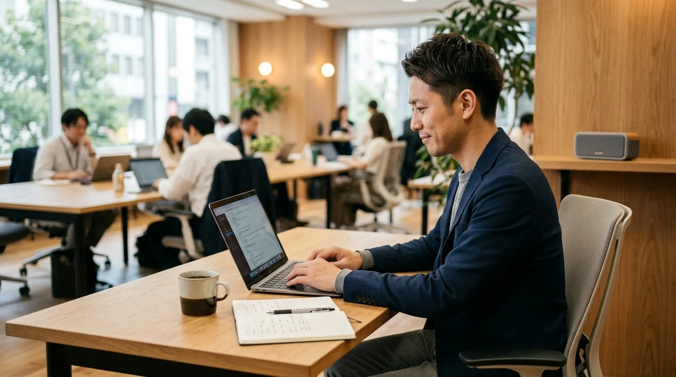 BGMが流れるオフィスで集中する社員