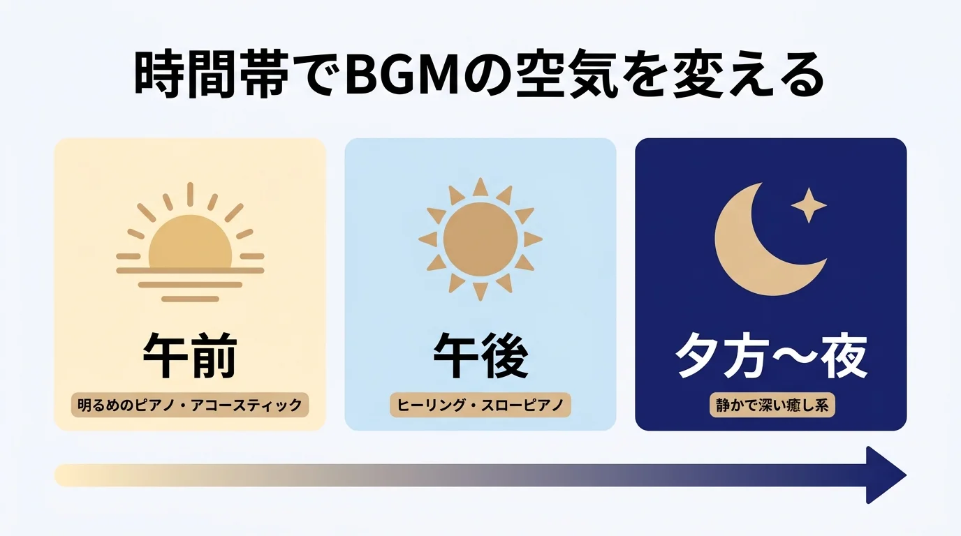 時間帯別のBGM切り替え（午前・午後・夜）