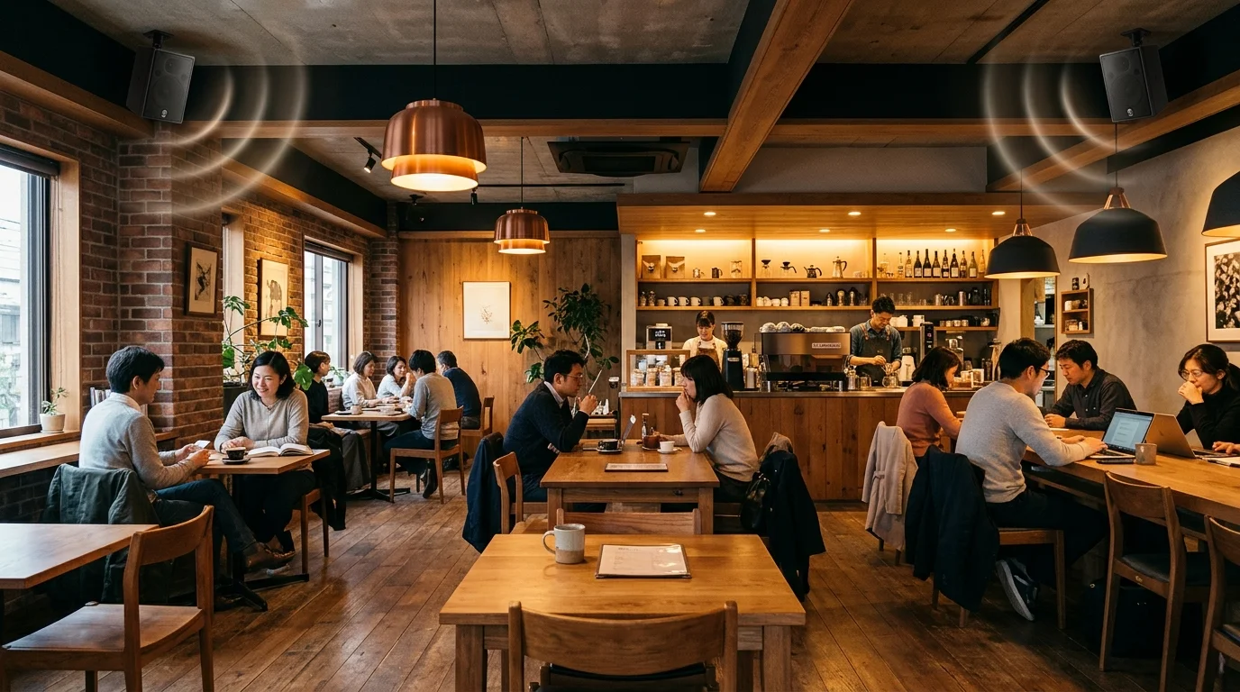 業務用スピーカーから音楽が流れるカフェの店内｜USEN等の有線放送イメージ