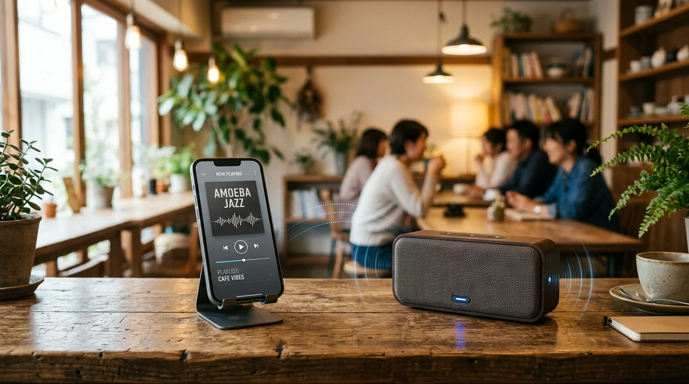 スマホとBluetoothスピーカーで店舗BGMを流すイメージ｜月額制アプリで即日導入