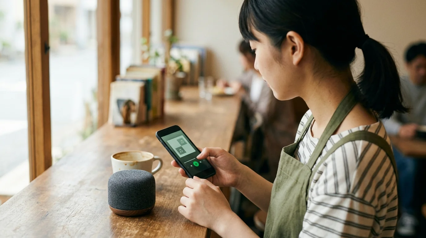 店舗スタッフがスマホから音楽を流そうとしているシーン