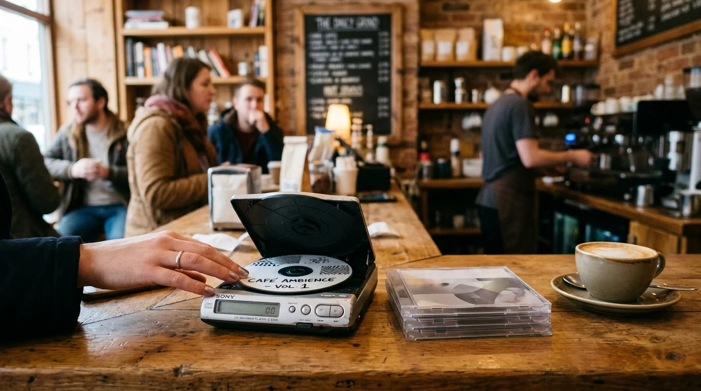 カフェのカウンターでCDプレーヤーにCDを挿入する場面