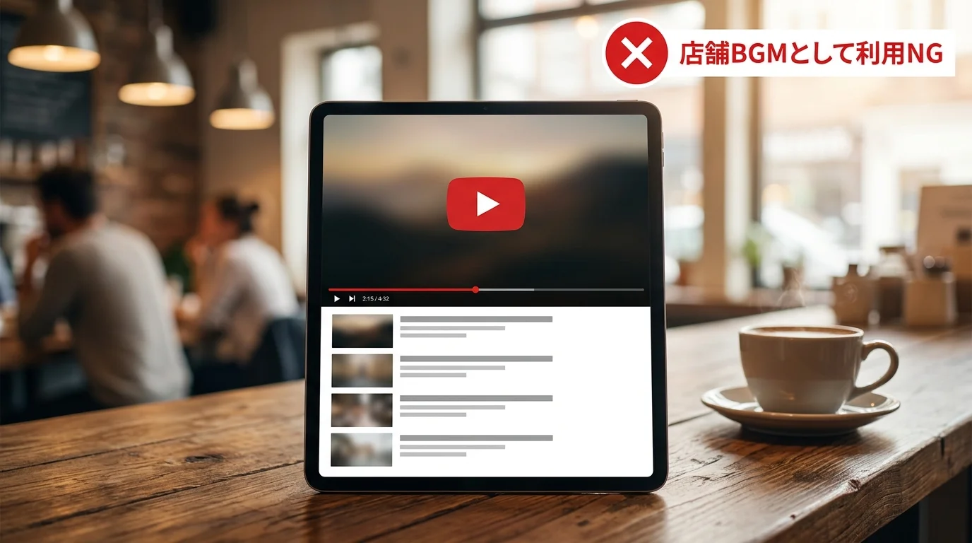 カフェ店頭のタブレットで音楽動画を再生する場面