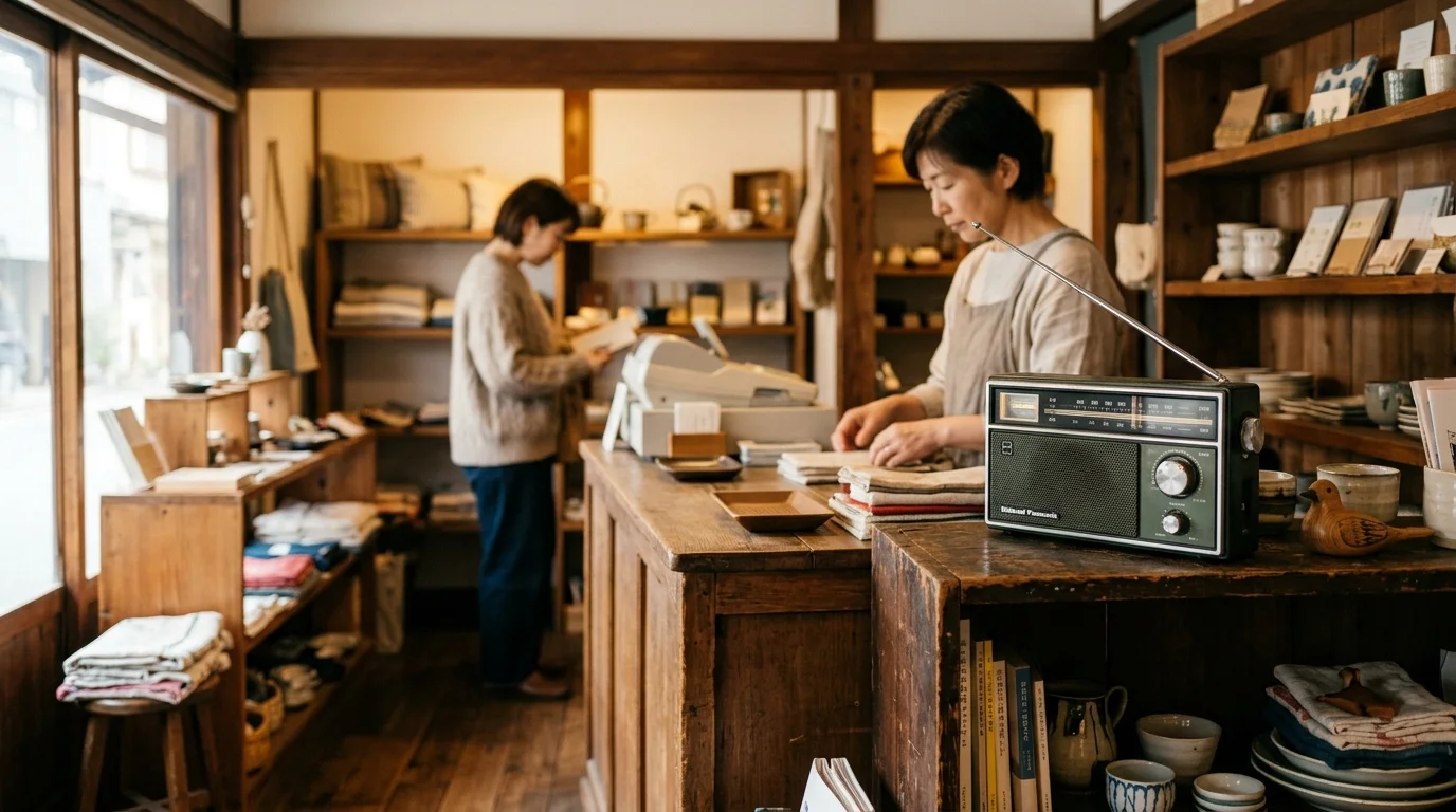 小さな雑貨店のカウンターに置かれたラジオがBGMとして店内に流れている様子