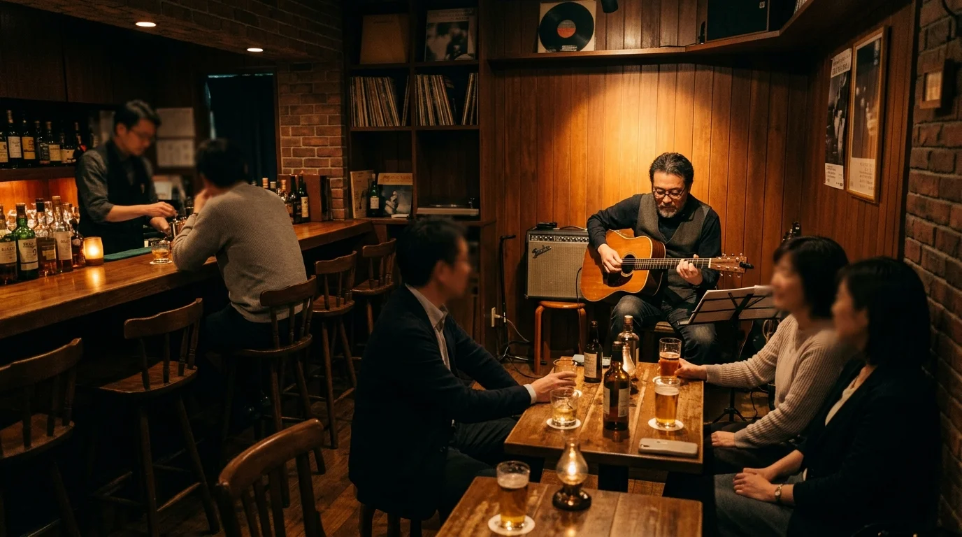 ジャズバーで生演奏が行われている様子｜アコースティックギターを弾くミュージシャンと客席