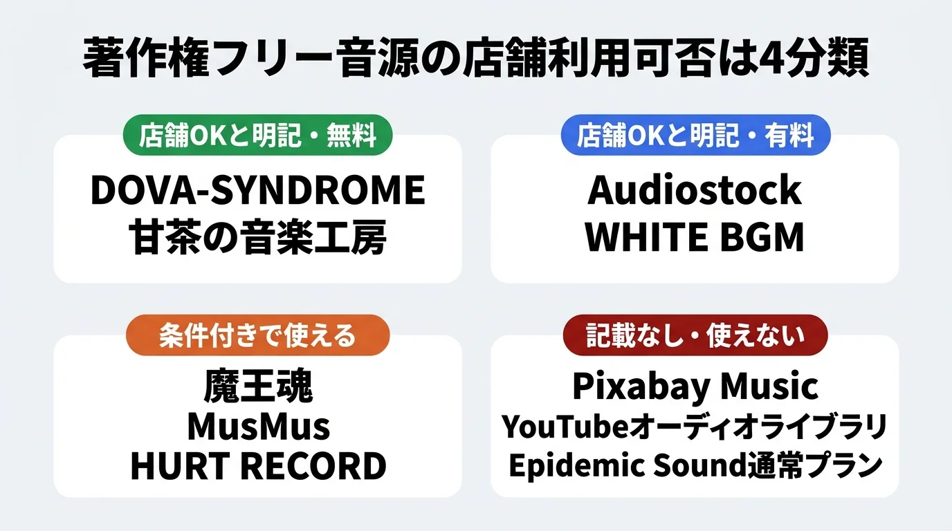 著作権フリー音源の店舗利用可否4分類｜店舗OKと明記・条件付き・記載なし・使えないの判定マップ
