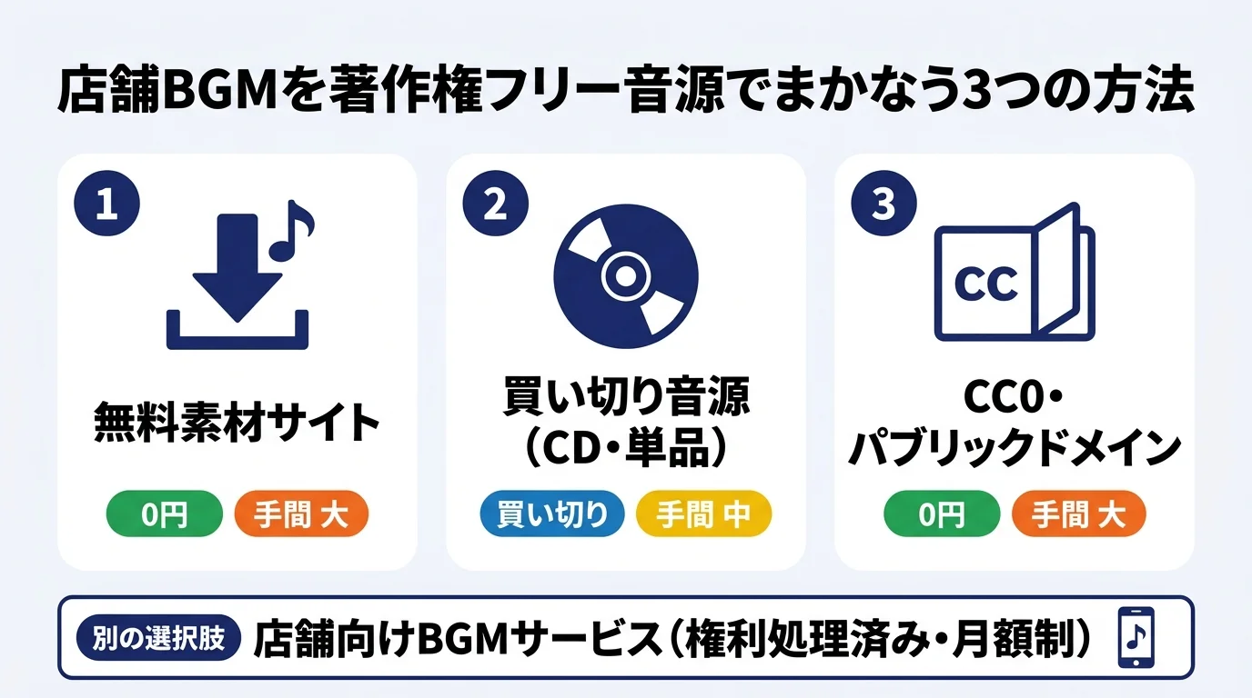 店舗BGMを著作権フリーでまかなう3つの方法｜無料素材サイト・買い切り音源・CC0パブリックドメインの比較