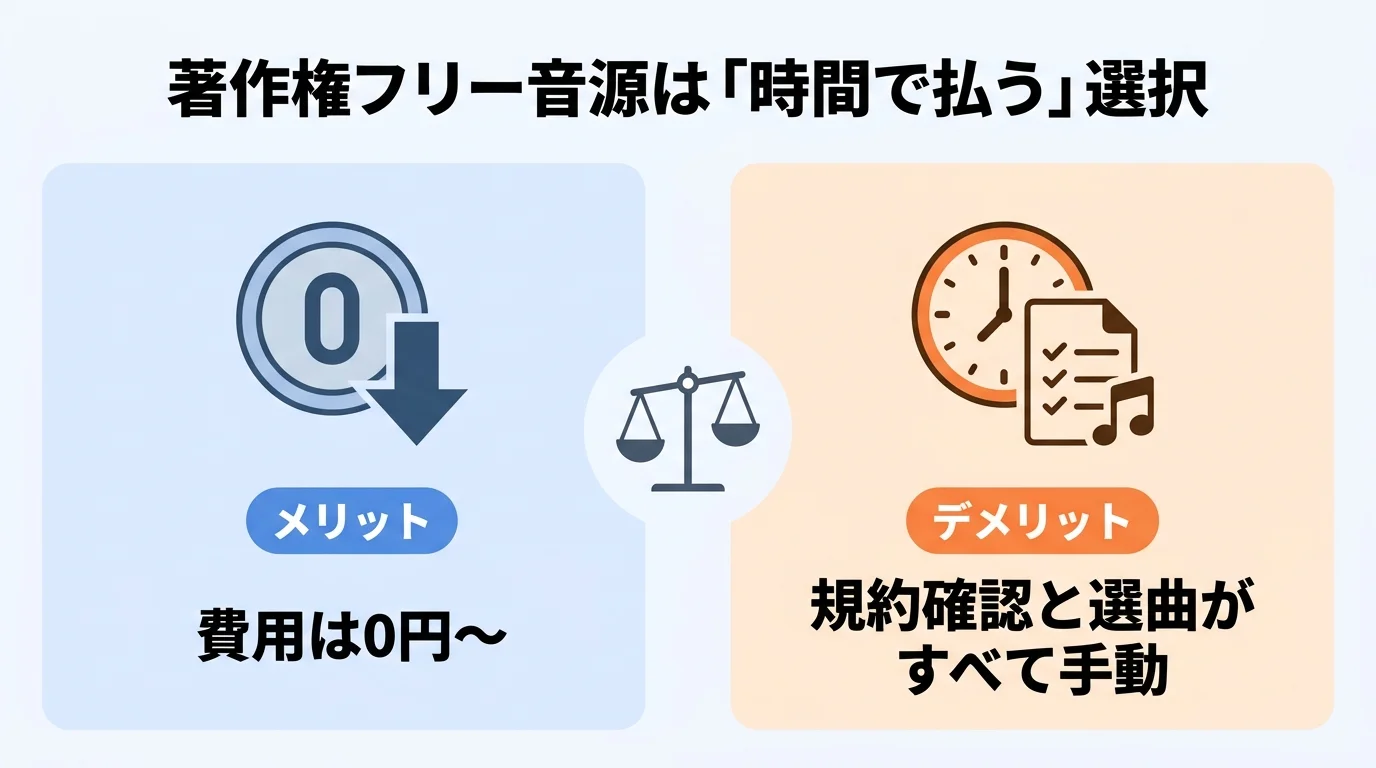 著作権フリー音源は「時間で払う」選択|費用0円のメリットと規約確認・選曲が手動になるデメリット